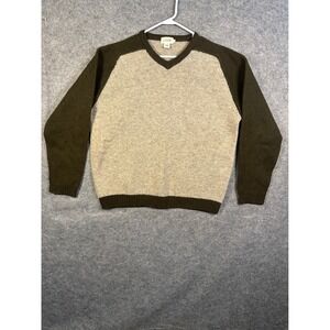 J.Crew Mens 100% Wool V-Neck Sweater XL Colorblock Green Tan Raglan Sleeve